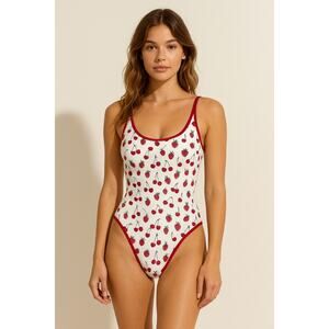 Pink by Frankies Bikinis Cherry Strawberry Print One-Piece Swimsuit XL NWT